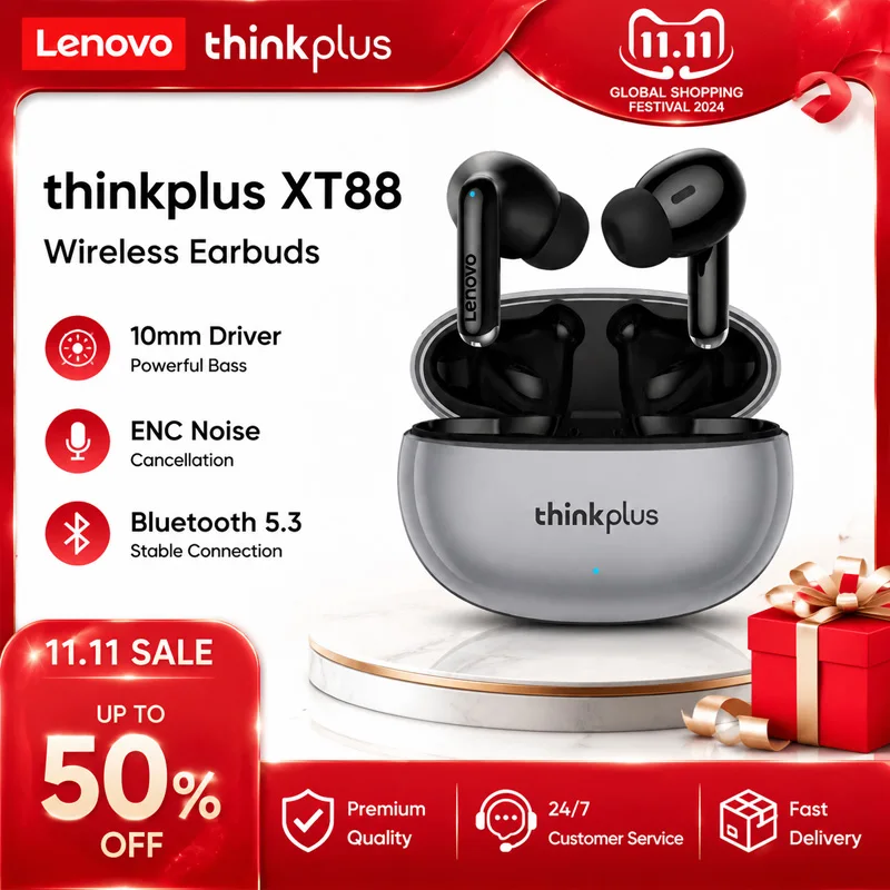 Original Lenovo XT88 TWS Wireless Earphones Bluetooth 5.3 Dual MIC Stereo Noise Reduction Bass HIFI Touch Control Earbuds
