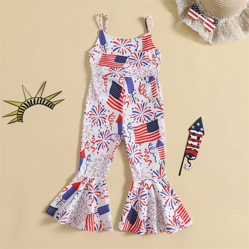 Toddler Girl Sleeveless Romper Patriotic American Flag Print Summer Jumpsuit with Bell-Bottoms Pants and Fireworks Design