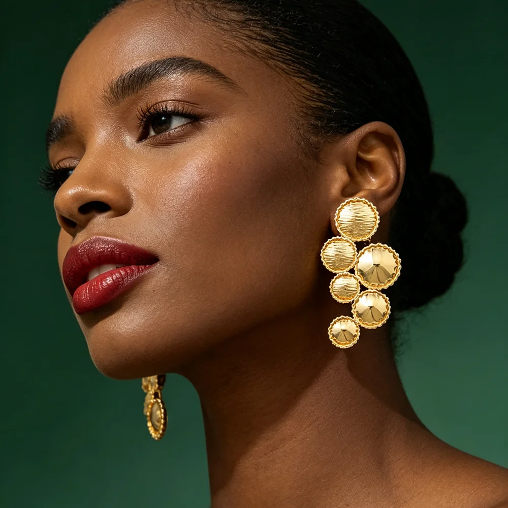 18K vergoldetes, rundes, strukturiertes Ohrring-Ring-Set, luxuriöser afrikanischer Schmuck für Frauen, Partygeschenk – Detail 4