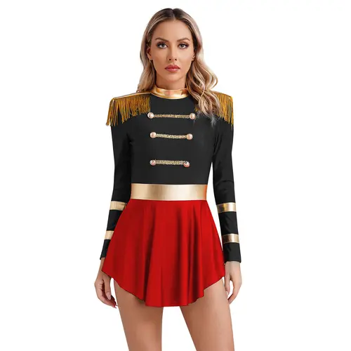 Women Circus Costume Ringmaster Tulle Skirted Tutu Leotard Dress Festival Long Sleeve Fringed Shoulder Halloween Fancy Costume - Image 10