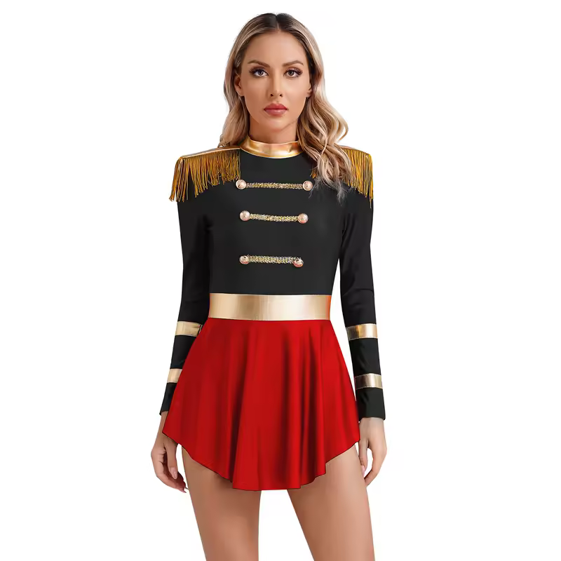 Women Circus Costume Ringmaster Tulle Skirted Tutu Leotard Dress Festival Long Sleeve Fringed Shoulder Halloween Fancy Costume - Image 10