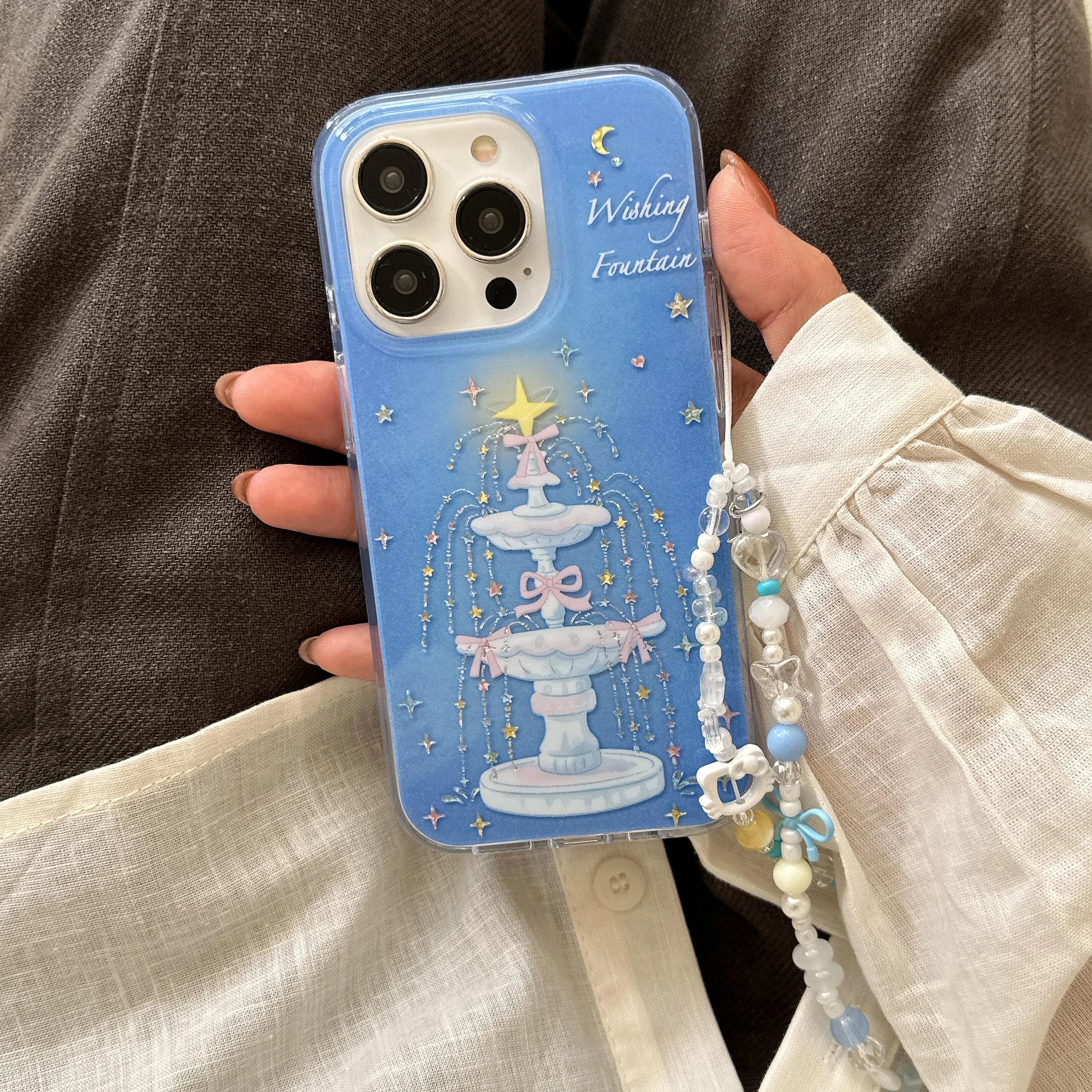 

Чехол для телефона Ins Wishing Fountain Stars Bead Chain с синим фоном для iPhone 16, 15, 14, 13 Pro Max, задняя крышка