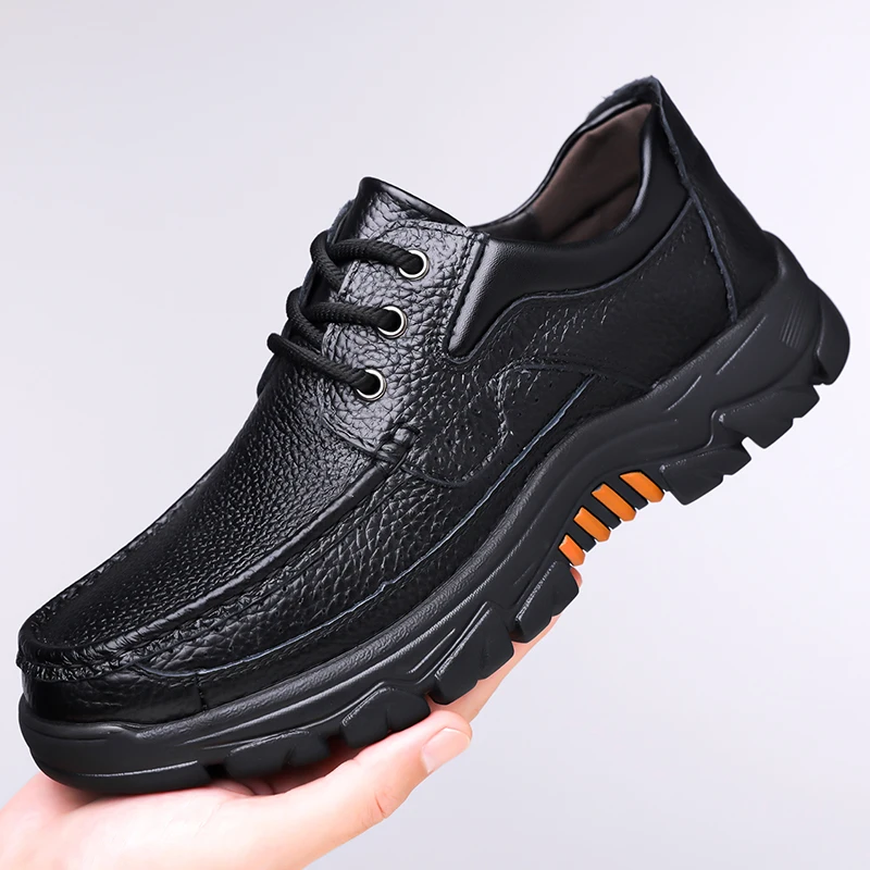 Hot Sale Men Genuine Leather Casual Shoes Soft Sole Lace-up Luxury Brand Middle-aged Old Man Dad Lightweight Loafers Shoes