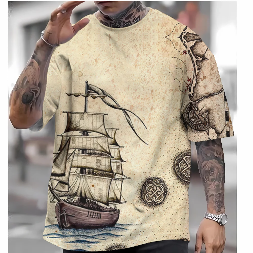 

Nautical Print Short Sleeve T-Shirt For Men Retro Men's T-Shirt Summer Casual Oversized Tee Top Loose Quick Dry Sport Shirt 2025