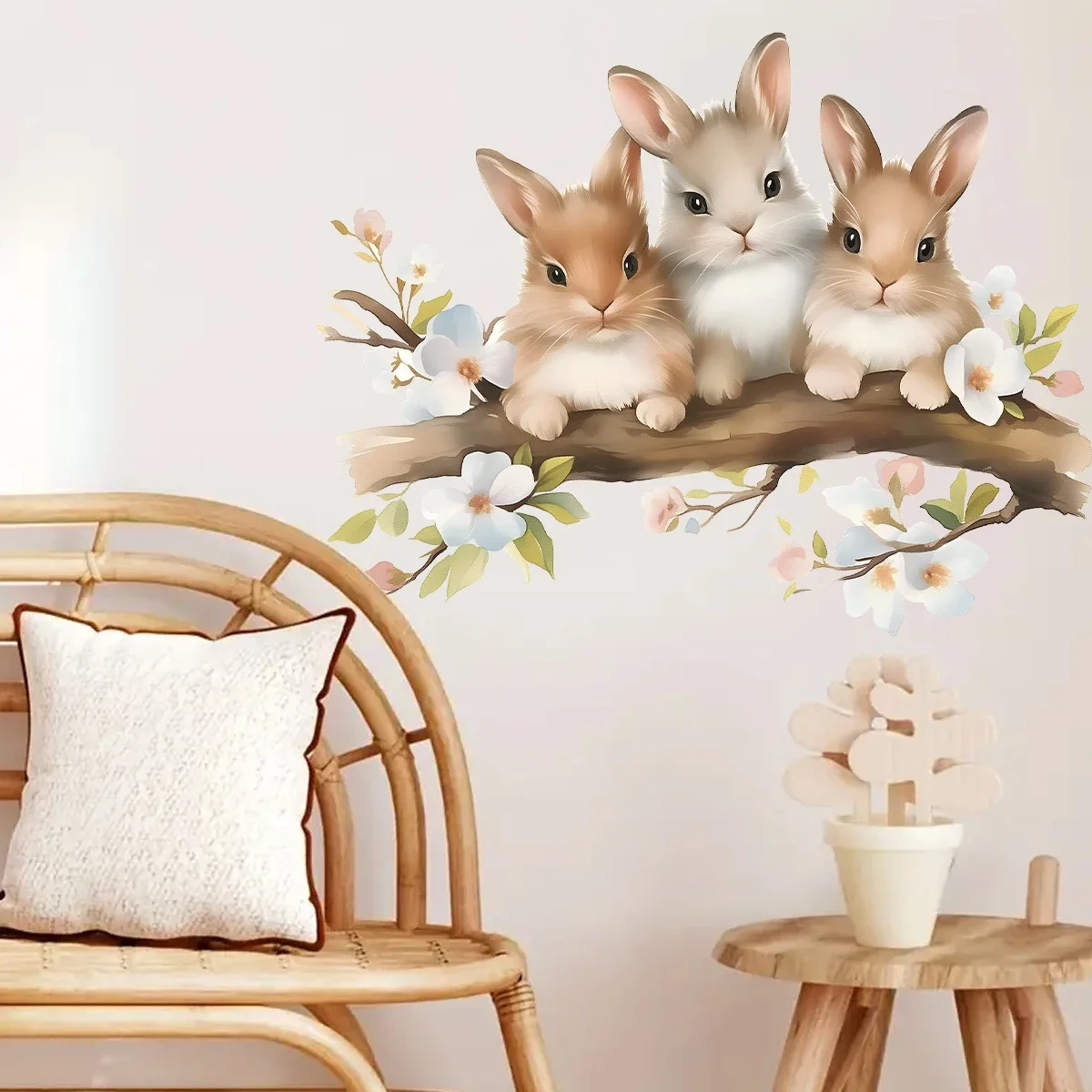 1Pc Watercolor Flower Cartoon Rabbit Wall Stickers for Kids Room Decor Baby Room Child Home Decoration Living Room Wall Decals