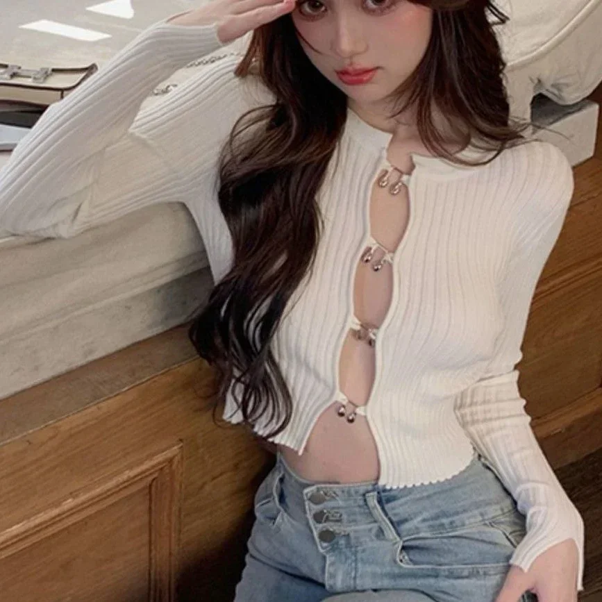 Vesten voor vrouwen Sexy uitgehold ontwerp Slank bijgesneden gebreid O-hals Lente Koreaanse modeidiaди Ljativos Hotsweet Streetwear