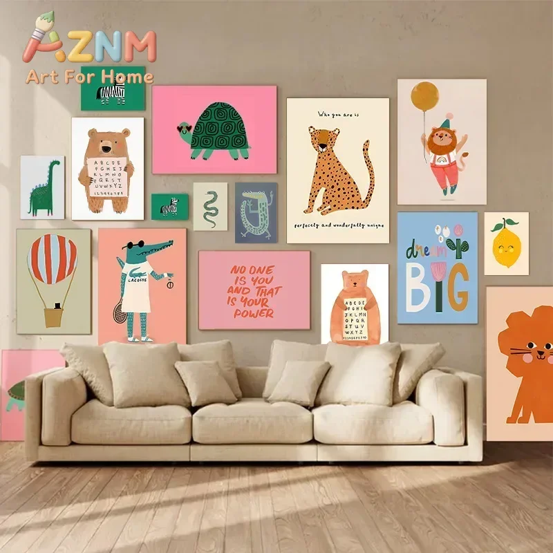 Zebra Lion Turtle Alphabet Trendy Cute Animals Cartoon Poster Gallery Wall Living Room Bedroom Decoration Canvas Wall Art