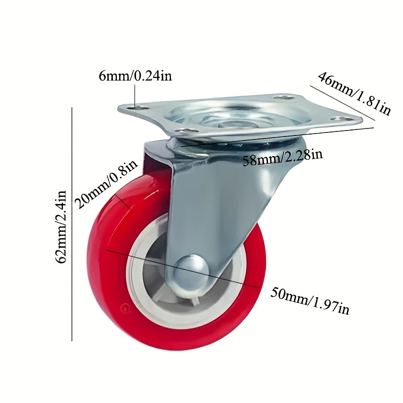 4 pièces 2 "roulette de meubles PVC rouge roue universelle roulette pivotante roue à roulettes pour accessoire de chariot de plate-forme
