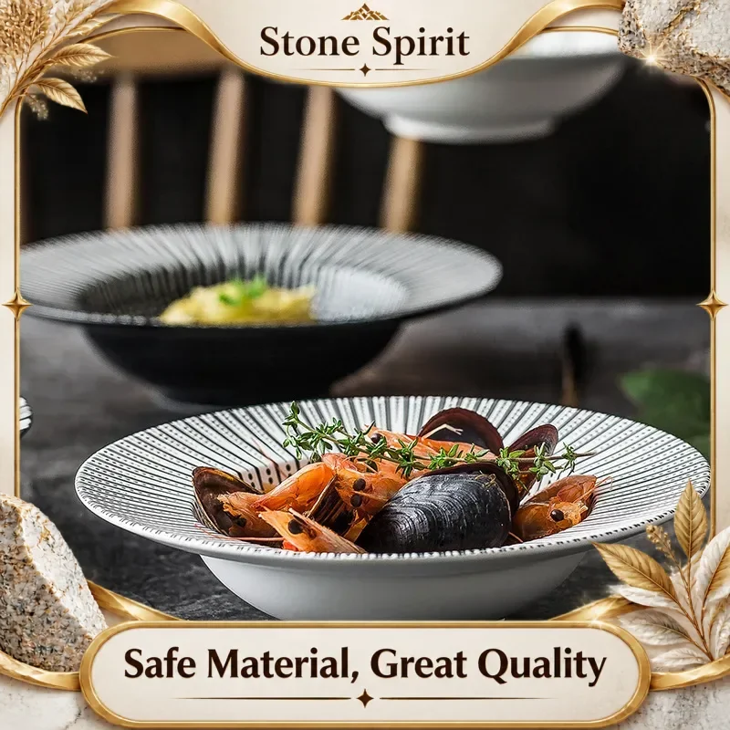 Black and White Striped Ceramic Plates, Round Straw Hat Plates, Desserts, Salads, Pasta, Soup Plates, Home Kitchen, Cutlery
