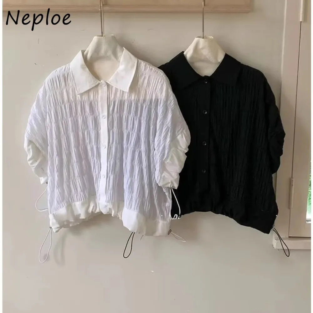 

Neploe Trendy Casual Simple Personalized Blusas Drawstring Patchwork New Korea Loose Blouses All-match Ruched Short Moda Shirts