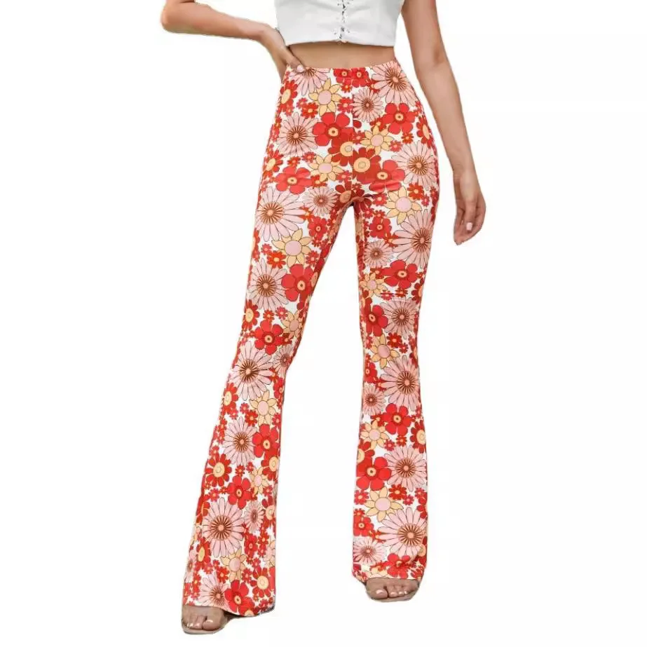 2024 Fashionable Women's All-over Floral Sexy Bell-bottom Pants Beautiful Prints Trousers Pants Personalized Street EU And USA