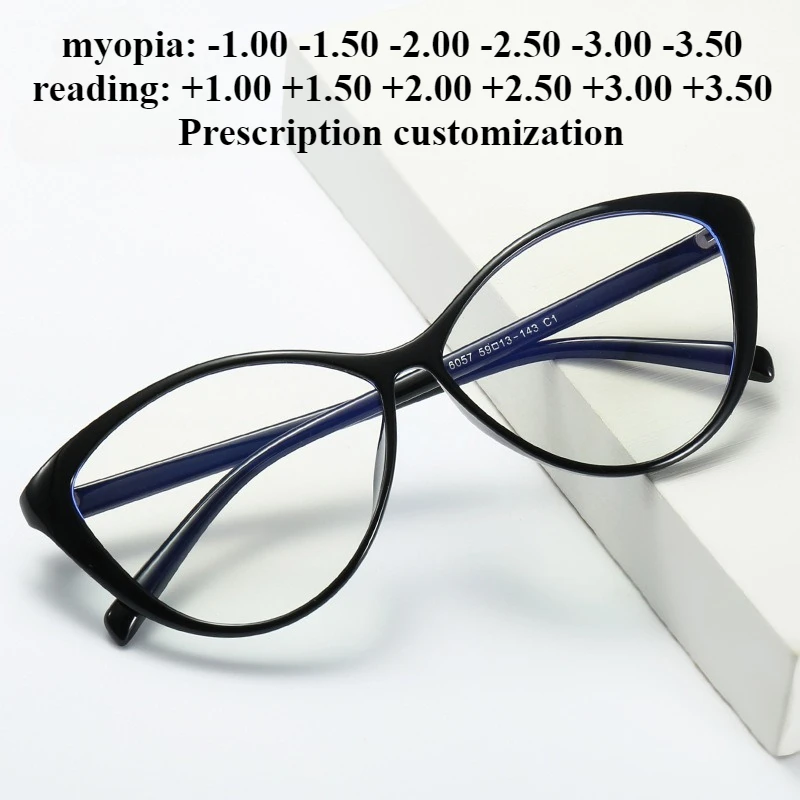 

59mm New Ultra-light TR Cat Eye Women Anti-blue Light Myopia Glasses High Sense Custom Reading Glasses +1.00