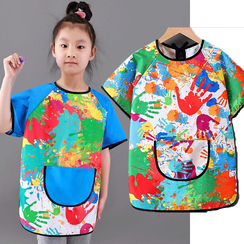 

Children's Waterproof Drawing Clothes Kindergarten Short Sleeved Cover Dining Bib Waterproof Reverse Dressing Boys' Girls' Apron