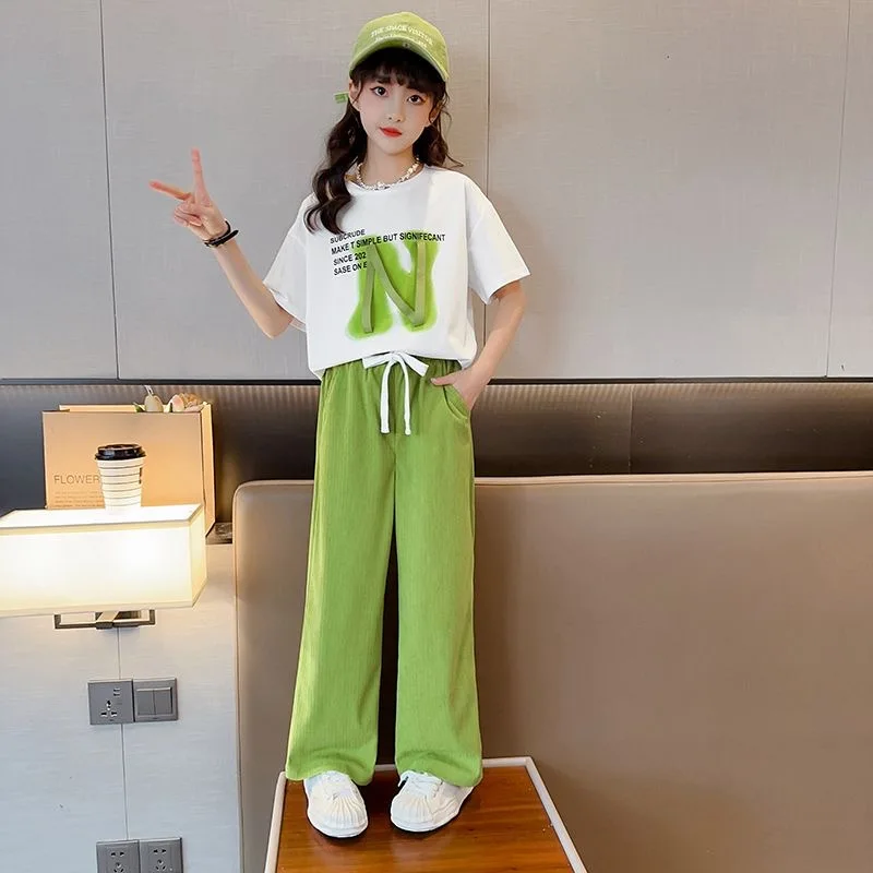 

Girls Teenagers and Children's Clothing Summer Wear Thin Letter Print T-shirt Wide-leg Pants Two-piece Set, Outer Wear Home Wear