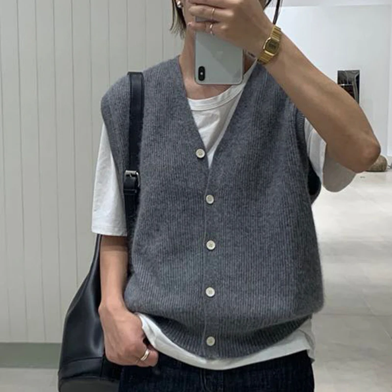 Casual Button Cardigan Vest 2023 Autumn and Winter Warm Knitted Sweater Women Fashion Loose Solid Sleeveless Soft Jumpers 16348