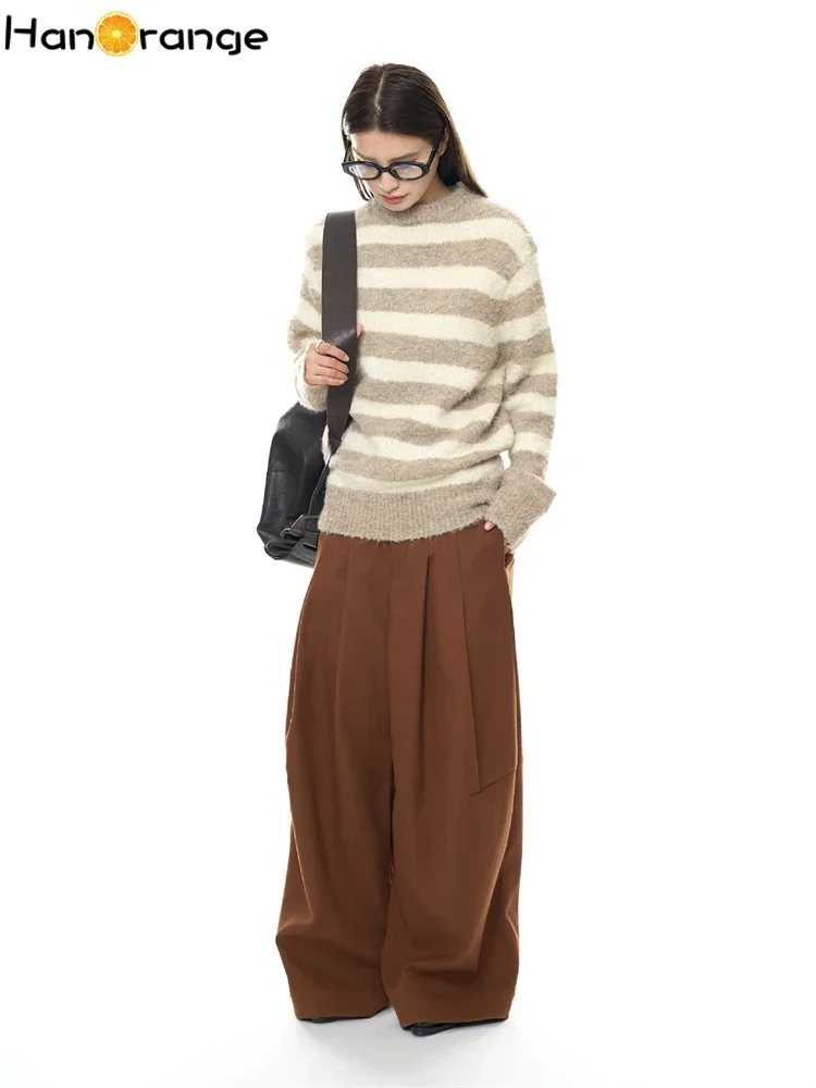 HanOrange 2024 Winter Contrast Striped Wool Sweater Women Soft Sticky Silhouette Knitting Top Rice Brown/Pink Coffee