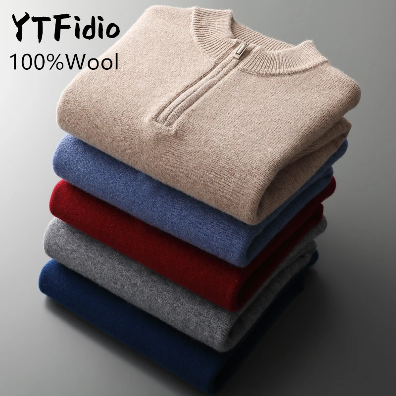 YTFidio 100%Wool Man Sweater Mock Neck Casual Jumpers Warm Solid Half Zipper Thickening Knitwear Pullover Tops 133