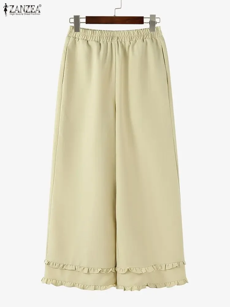 Moda calças compridas zanzea cintura elástica pantalons feminino 2025 outono babados casual sólido calças de perna larga streetwear calças de trabalho