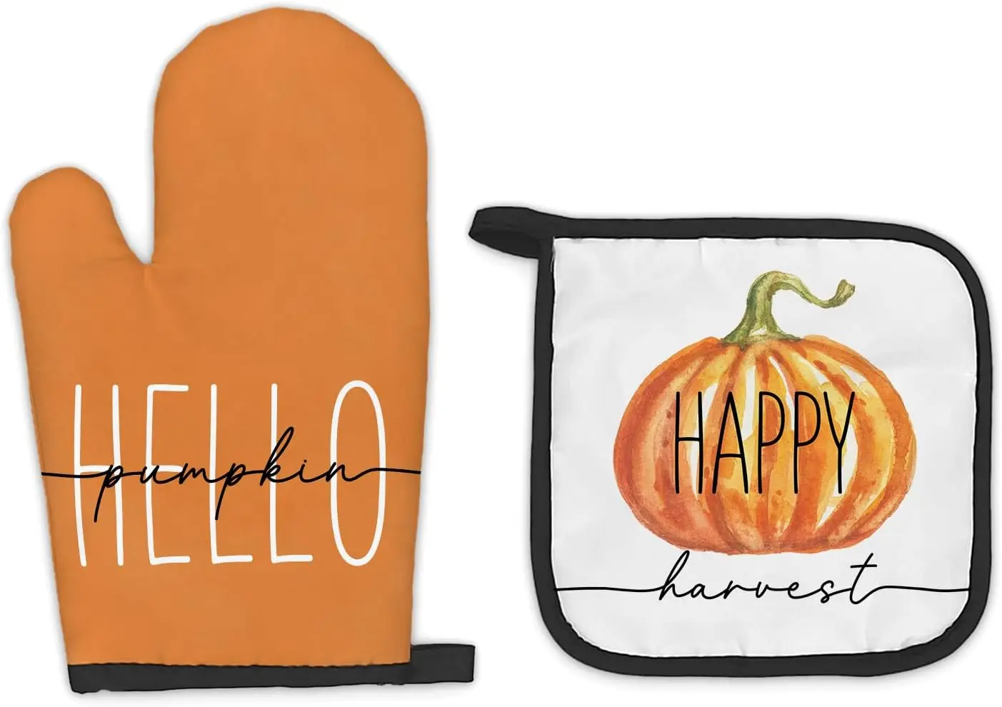 Fall Oven Mitts and Pot Holders Sets, Pumpkin Autumn Fall Kitchen Accessories Sets, Orange Hello Pumpkin Happy Harvest Fall Than