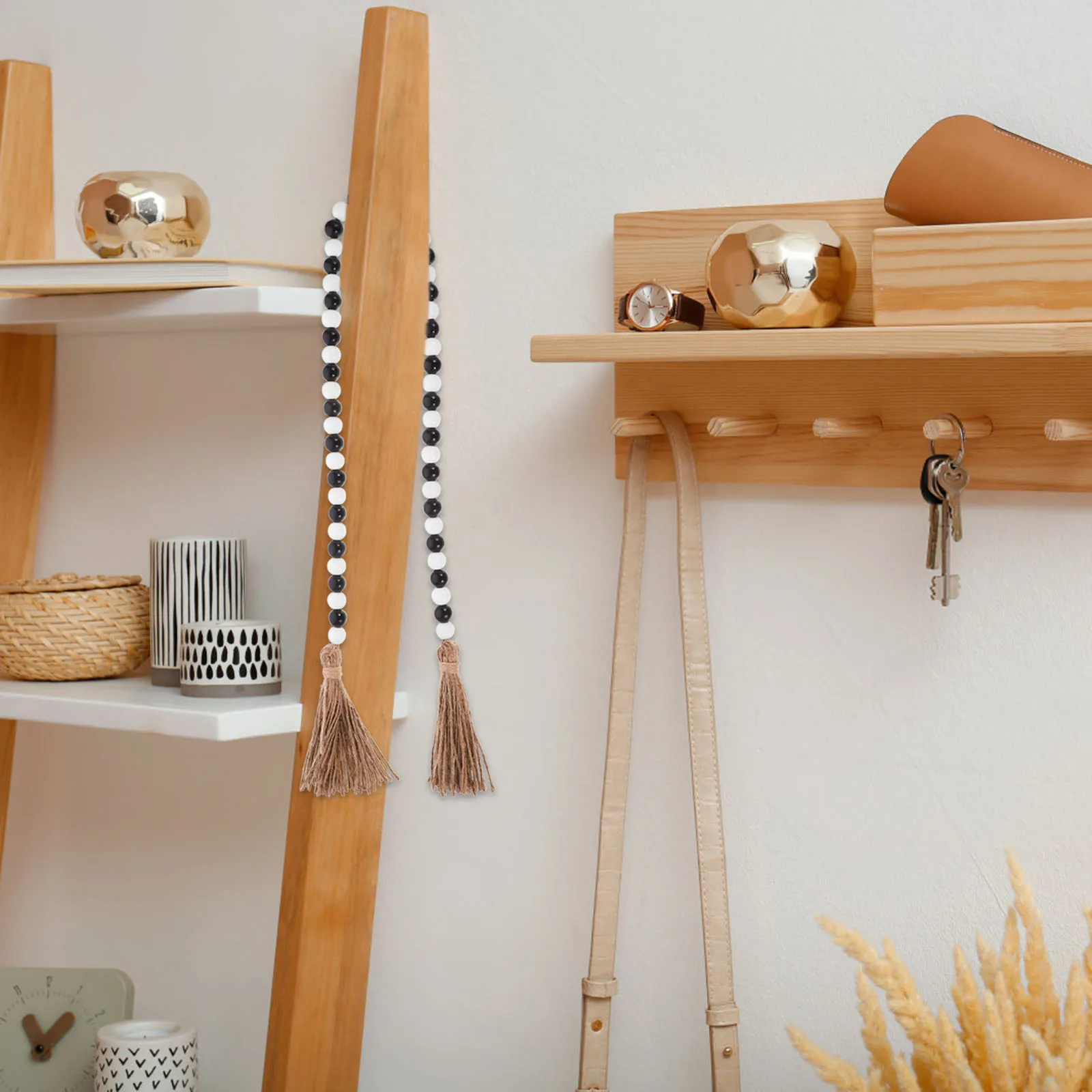 

Wood Beads Garland Rustic Style Pendant Tassel Home Hanging Decor Party Ornament Wall Beaded String Decoration