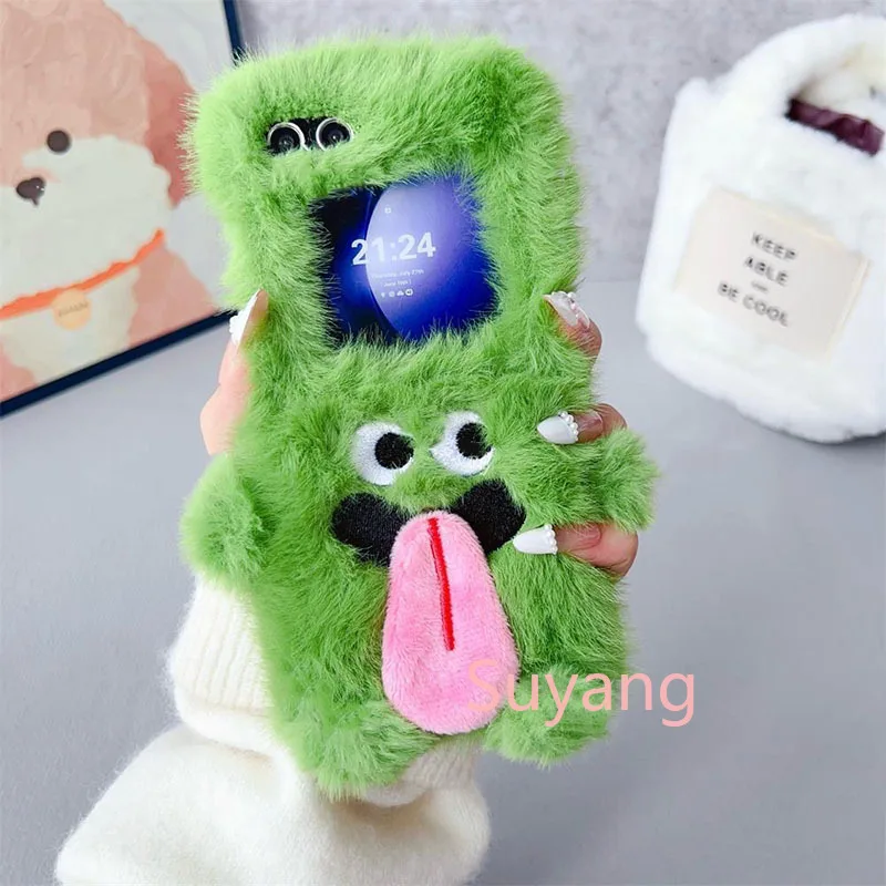 Plush Funny 3D Magnetic Tongue Out Phone Case For Samsung Galaxy Z Flip 7 6 5 4 3 ZFlip7 Flip6 Flip5 Warm Winter Hair Hard Cover