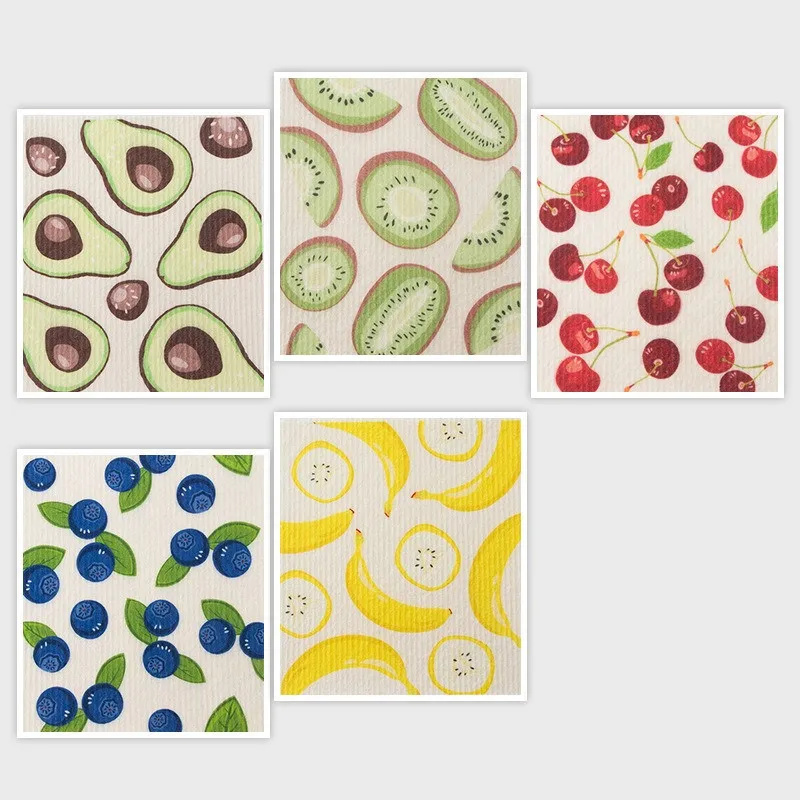 

1Pc 18x20cm Fruits Printed Reusable Wood Pulp Cotton Swedish Dishcloths Oil Remove Wipes Dishwashing Rag Household Cleaning Tool