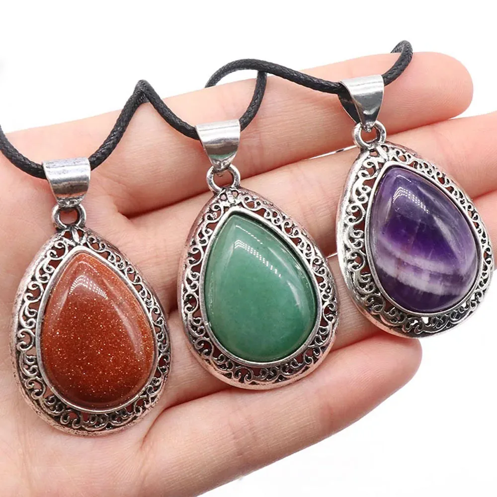 Natural Stone Crystal Water Drops Pendant Alloy Electroplate Tiger Eye Amethyst Quartz Abalone Bebey Necklace Jewelry Accessory