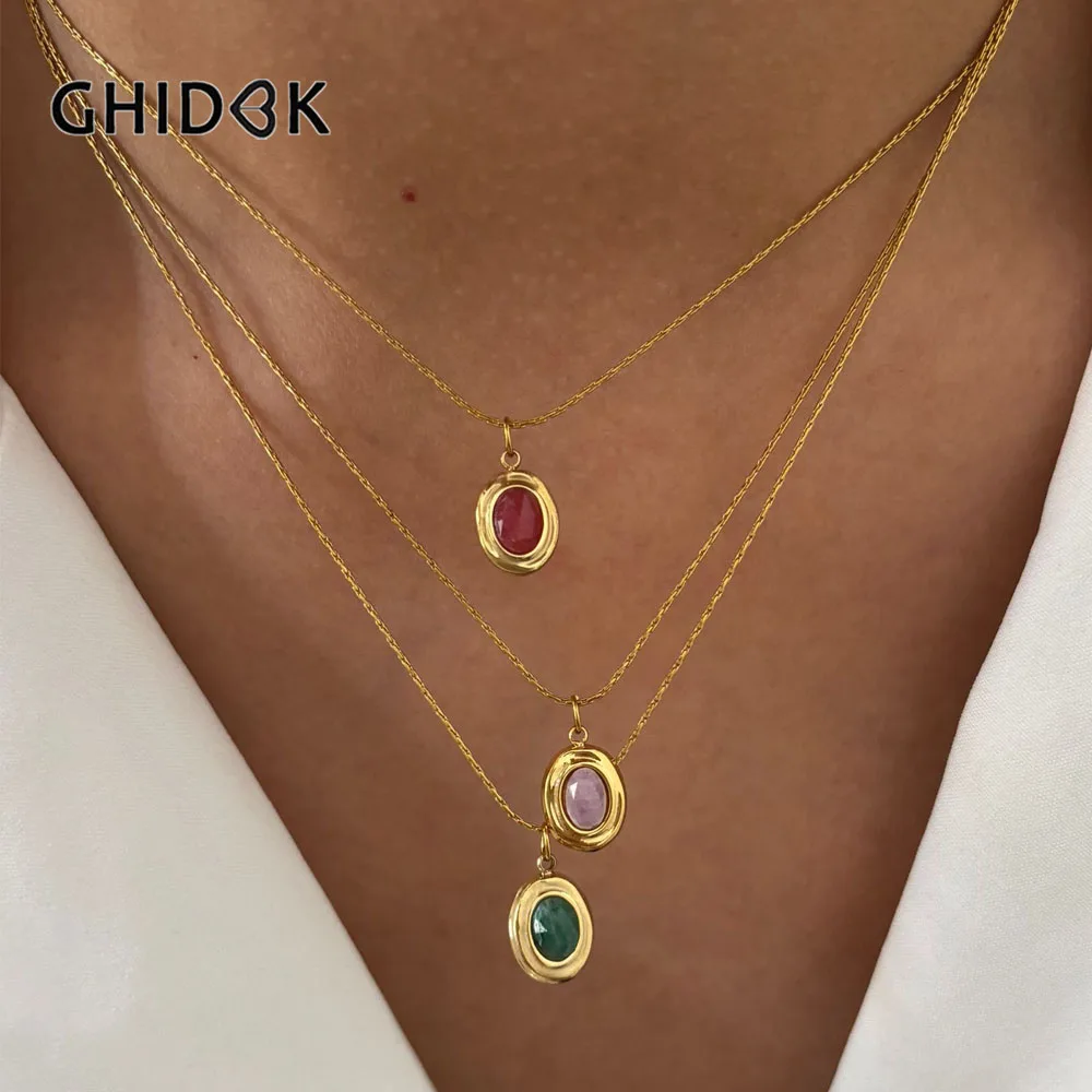 

GHIDBK Fashionable Stainless Steel Natural Stone Pendant Necklace Gold-Plated Women's Party Dailys Versatile Jewelry Gifts