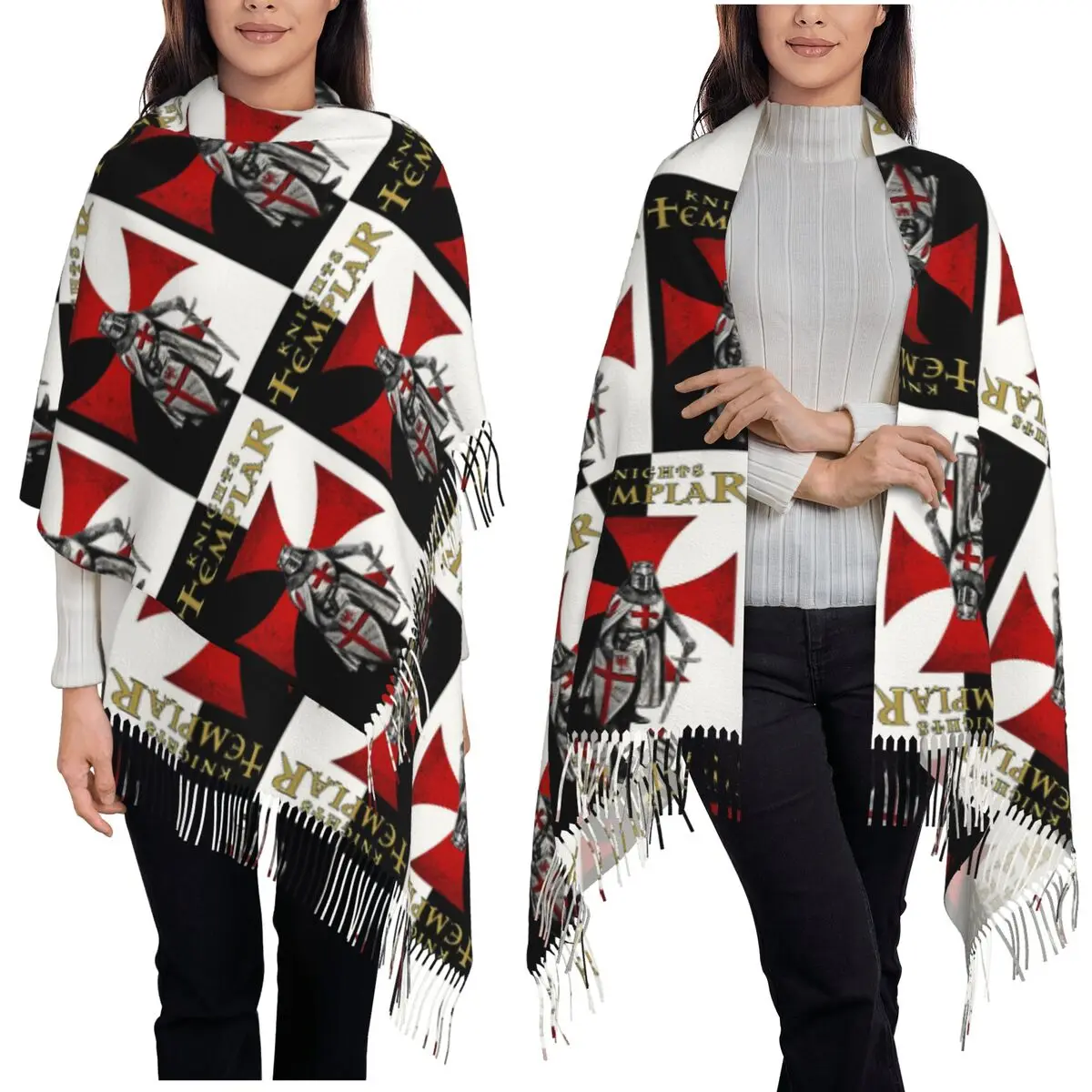 

Medieval Emblem Knights Templar Ordre Du Temple Cross Scarf Tassel Scarves Women Shawls and Wraps Large Fall Winter Shawl Wrap
