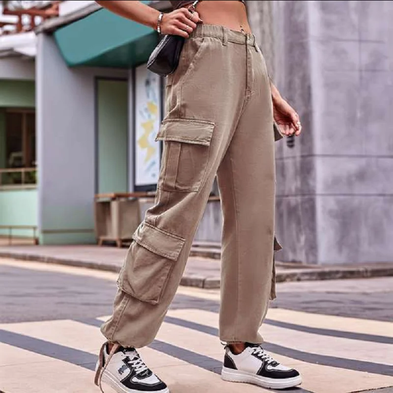 Ladies' Autumn Washed Jeans European And American Fashion Cargo Pants High-Waisted Multi-Pocket Female Casual Long Pants Y2K