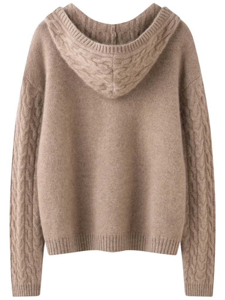 TLOML 여성 후드 풀오버 100% 캐시미어 스웨터 두꺼운 케이블 니트 캐주얼 캐시미어 니트웨어 가을 겨울 고품질 소프트 탑스