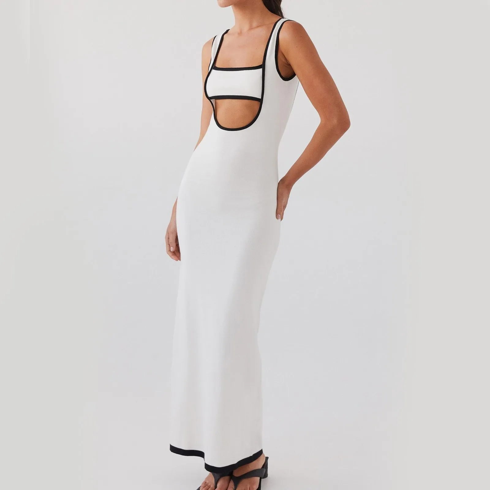 Women Slim Backless Beach Knitted Maxi Dress Long Dress Sleeveless Patchwork Hollow Out Wrapped Maxi Dress Summer Bodycon Dress