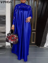 VONDA Bohemian Women Elegant Satin Maxi Dress 2024 Summer Casual Lace Patchwork Long Sleeve Stand Collar Long Dresses Robe Femme