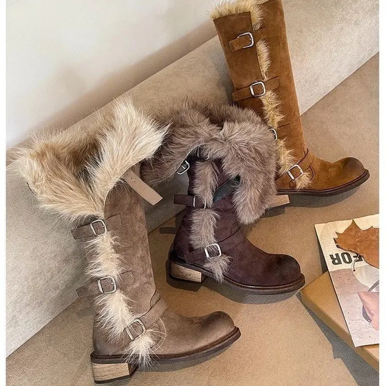 أحذية الثلوج النسائية 2025 ، أحذية الشتاء الفراء موضة منتصف العجل فو السيدات الأحذية الجلد المدبوغ الدافئة الصلبة منتصف العجل Bootie 5269