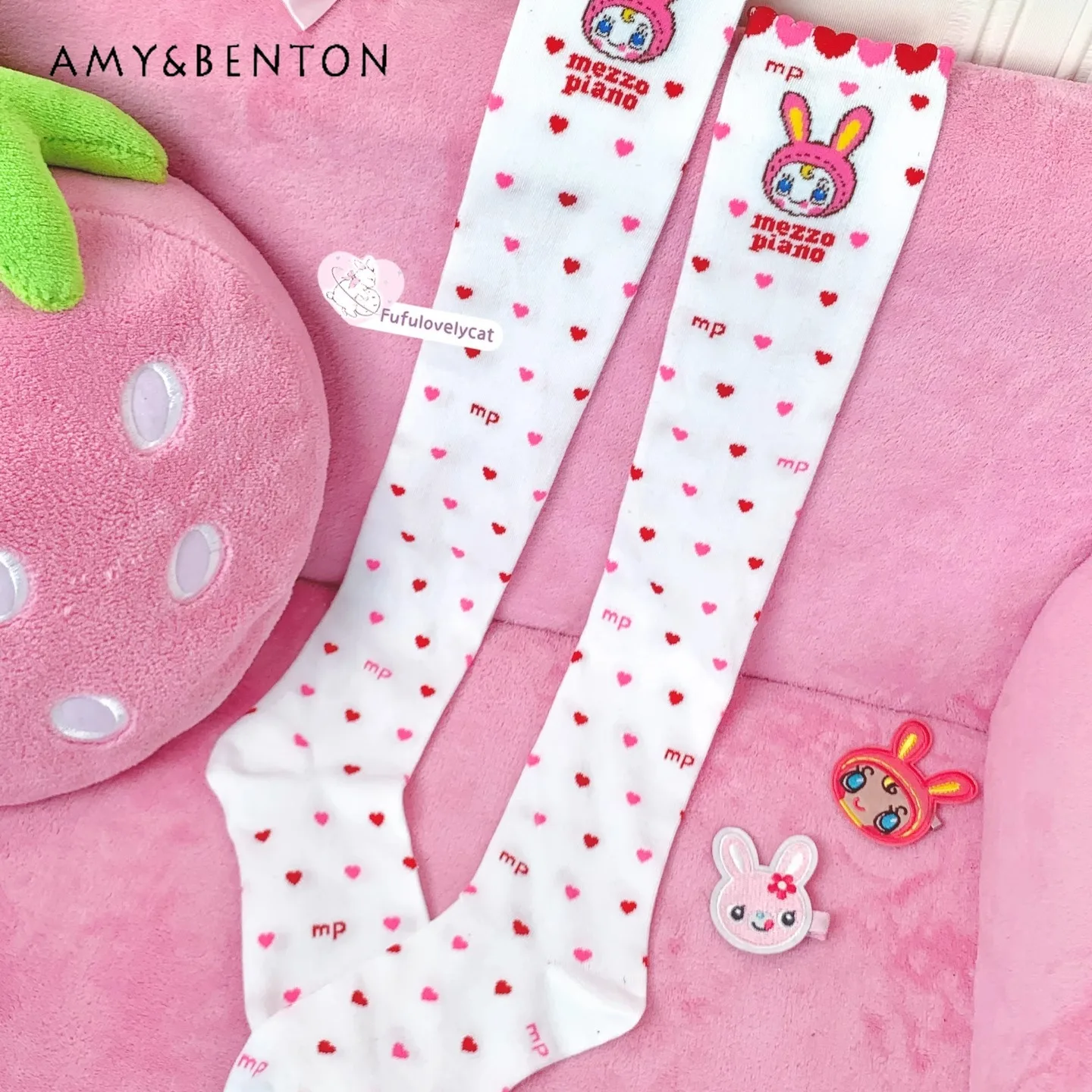 Kawaii Two-dimensional Girl Cute Pink Stockings Sexy Thigh High Stockings Japanese Retro Sweet Cute Love Print Knee High Socks
