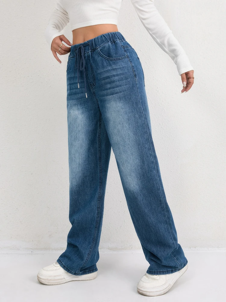 Pantalones vaqueros de pierna ancha para mujer, vaqueros lavados con cintura elástica, pantalones vaqueros con cordones, ropa de calle Vintage desgastada, pantalones sueltos de longitud