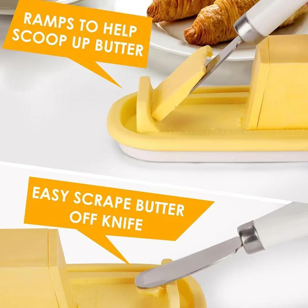 طبق الزبدة مع غطاء وسكين لثلاجة كونترتوب، حامل عصا الزبدة مع غطاء شفاف محكم الغلق يحافظ على الزبدة ناعمة
