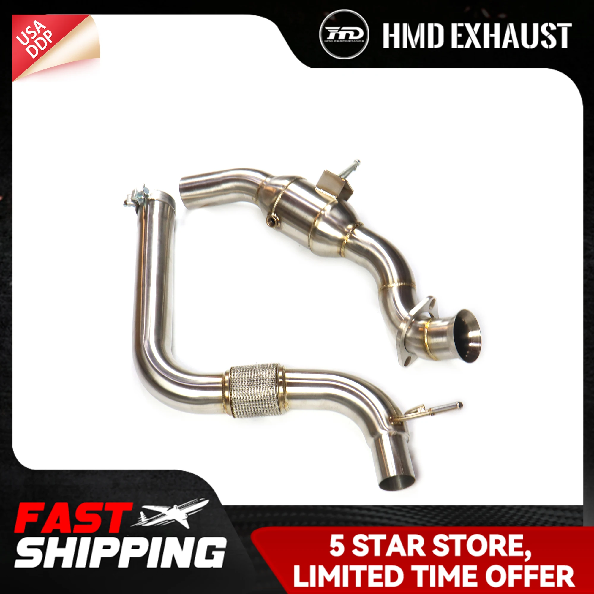 

HMD Downpipe Exhaust pipe for Ford Mustang 2.3T with Catalytic Converter/without cat High flow performance SS304 for car