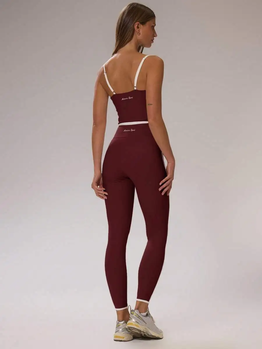 

Contrast Piping Fitted Crop Top And High Waist Leggings Set For Gym Workout Yoga Pilates