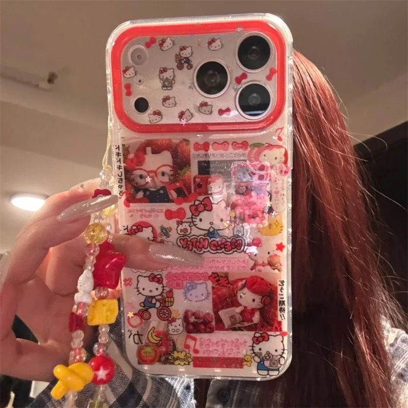 Coque de téléphone antichoc Hello Kitty style rétro avec paillettes, motif dessin animé, pour iPhone 15 16 17 Pro Max Air, motif chat mignon rouge