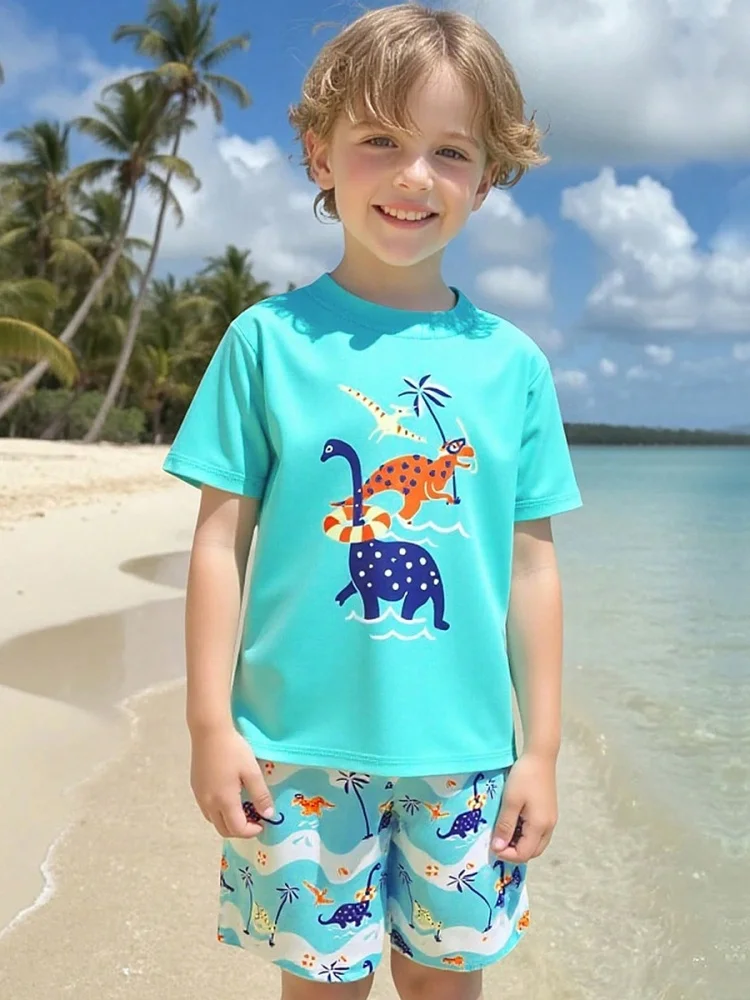 Boy Kids Swimsuit 2026 New Cartoon Dinosaur Short Sleeves Children Swimwear Summer Two Piece Beachwear Bathing Suit For Swimming