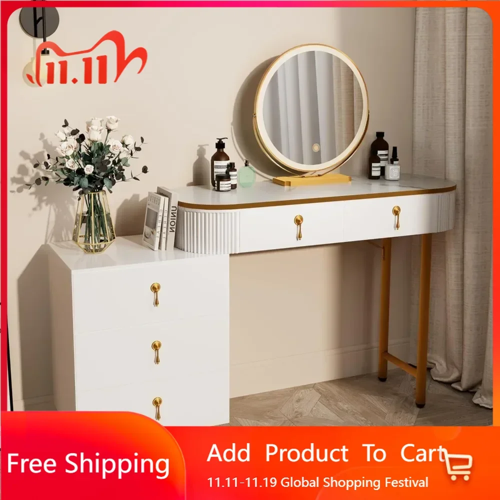 

Dressing table with circular mirror and storage space, 5 drawers and 3 lighting modes, white