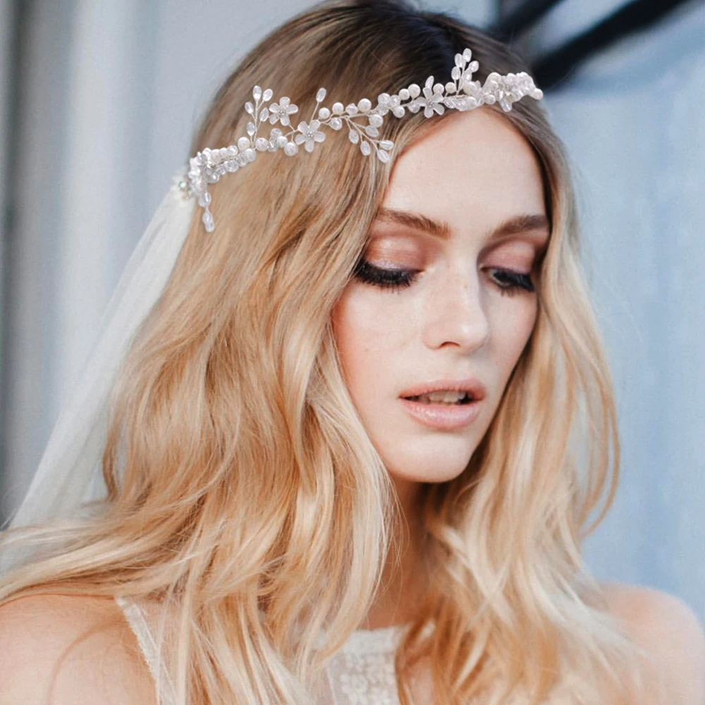 Diadema de boda de perlas con flores, vid de pelo nupcial con cinta, corona de pelo para comunión, tocados de cristal para niñas y mujeres