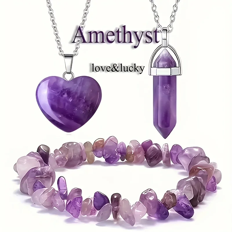 Nuevo Set de 3 Piezas 2026 - Encantador Colgante en Forma de Corazón Hecho de Amatista Natural y Cuarzo, Pulsera con Dijes, Kit de Joyería DIY, Regalo Ideal para Parejas, Padres, Amigos