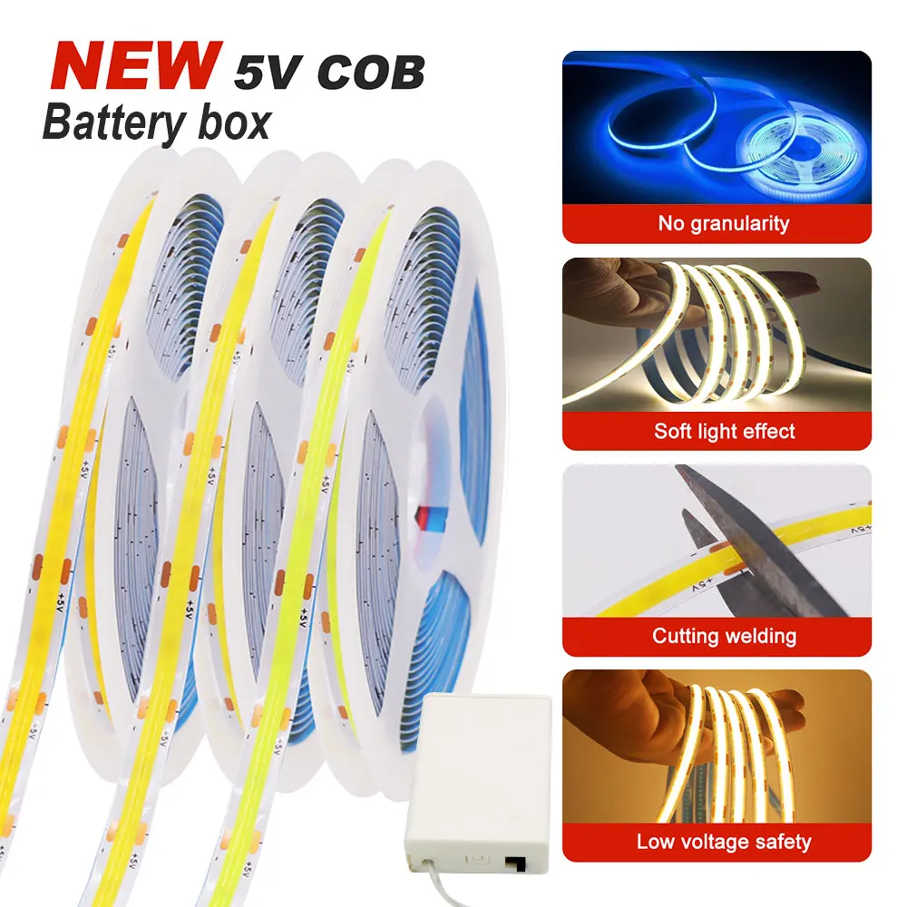 3AA Battery Powered COB LED Light Strip Flexible Ribbon Diode Tape 8MM High Density Linear Lighting for Bedroom Cabinet TV