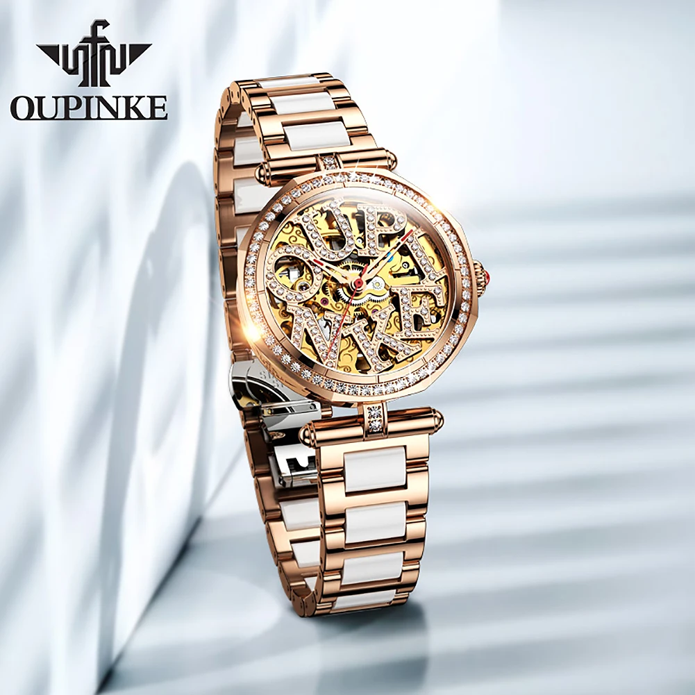 OUPINKE 3175 Diamond inlaid hollow dial women\'s fully automatic mechanical watch