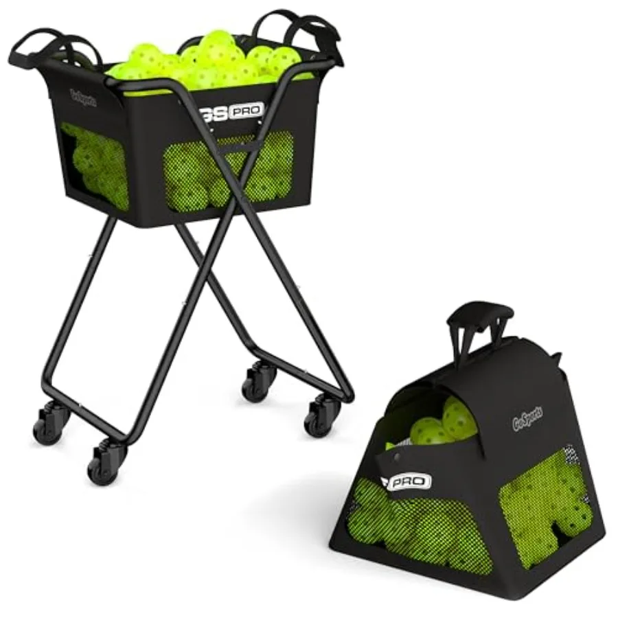 Ball Caddy with Wheels - Portable Cart for Pickleball and Tennis, Durable Plastic, Black, Holds 140 Pickleballs or 175 Tennis B