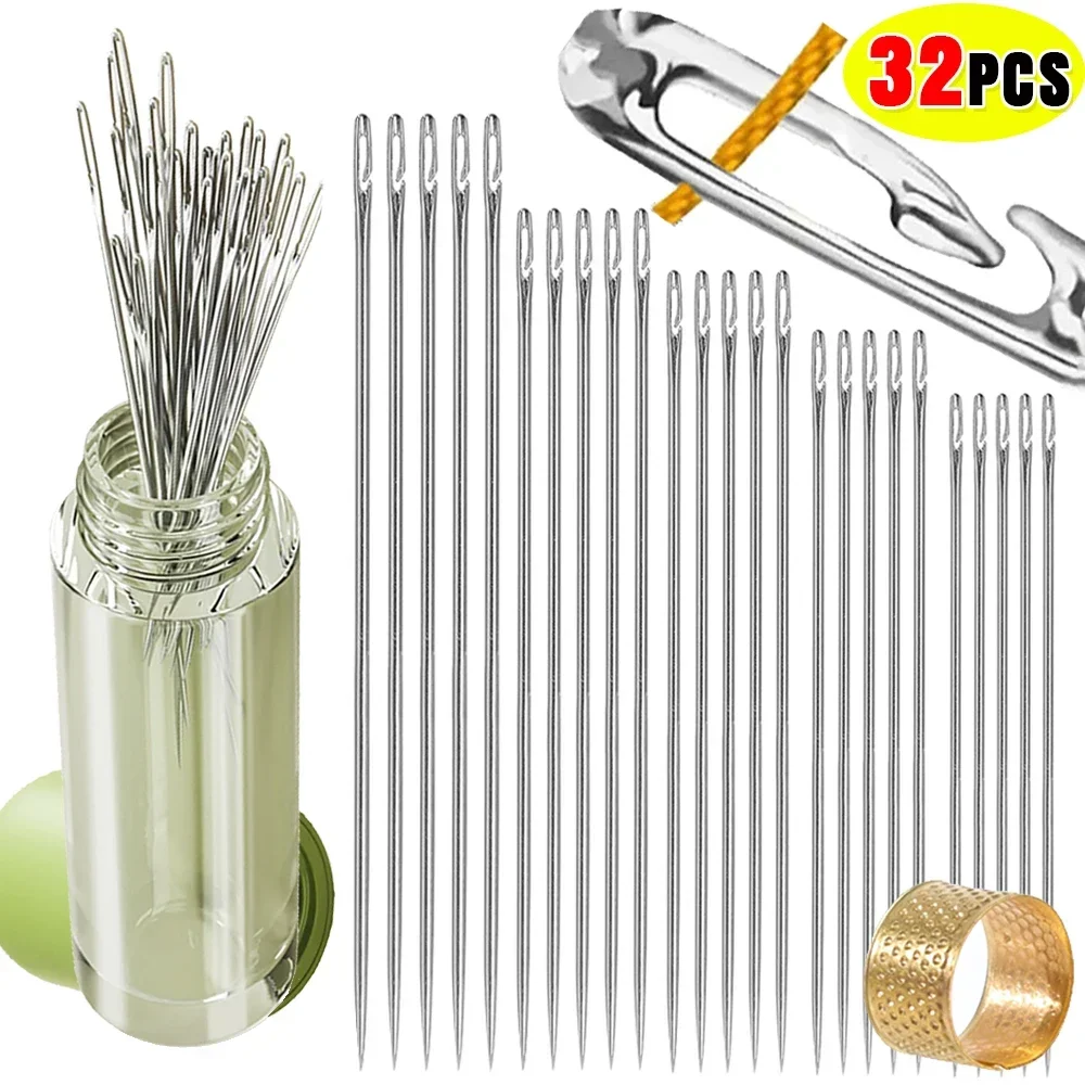 32/12Pcs Blind Needle Elderly Needle-side Hole Sewing Needles Stainless Steel Self Threading Needles Household DIY Sewing Tools