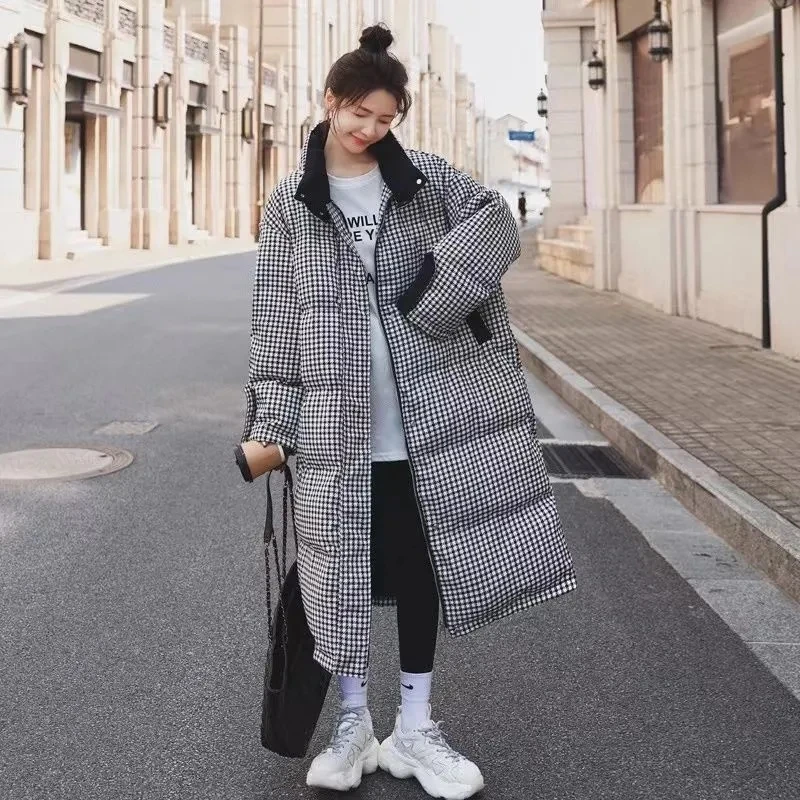 Women Thicken Parka Plaid Down Cotton Stand Collar Jacket Winter New Korean Loose Long Coats Female Warm Padded Parkas Overcoat