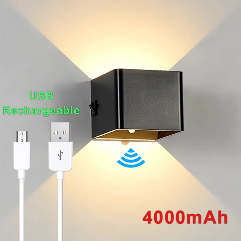 lampada de parede recarregavel com carregamento usb luz noturna led sensor de movimento humano candeeiro rotativo magnetico iluminacao interior 01